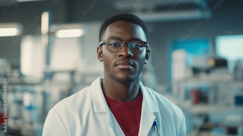 Poster portrait of a confident young black scientist posing in a modern laboratory setting