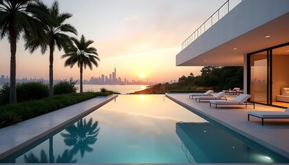 Obraz premium upscale villa with sunset skyline view and infinity pool - tropical luxury design 4k image