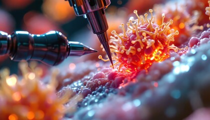 Nanite Targeting Cancer Cells: Microscopic view of advanced nanotechnology precisely targeting and destroying a glowing cancer cell, representing groundbreaking medical innovation.