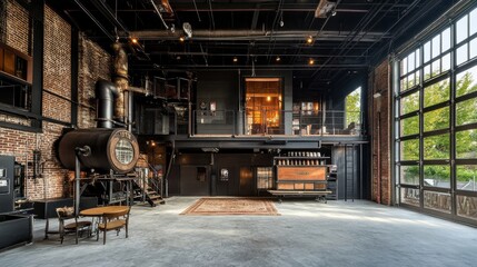 Spacious industrial interior of a modern cafe with large windows and rustic decor