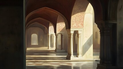 Fototapeta premium Sunlit Colonnade In An Ancient Palace Corridor