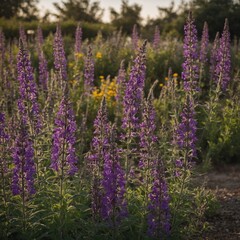 Obraz premium Purple salvias blooming along a garden border.