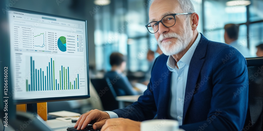 Poster Senior businessman analyzing financial data on computer in office