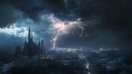 Obraz premium A dramatic storm over a city skyline with lightning and rain.