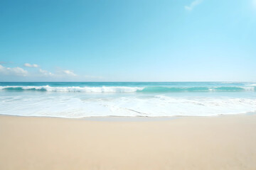 Obraz premium Panorama of a beautiful white sand beach. Holiday summer beach background. Wave of the sea on the sand beach.