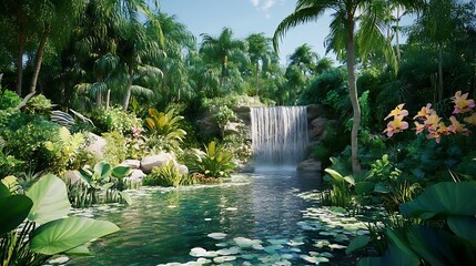 Lush Tropical Rainforest with a Waterfall and Pond