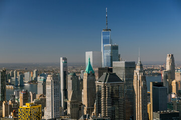 Aerial View of Lower Manhattan Featuring Iconic Skyscrapers and One World Trade Center in New York City