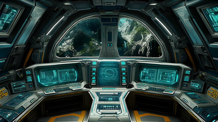 Futuristic spaceship cockpit with vibrant teal UI displays overlooking a rugged alien landscape. Ideal for sci-fi, gaming, and technology projects.