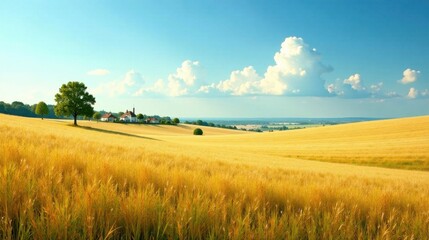 Obraz premium Serene Summer Landscape Featuring Golden Wheat Field, Rolling Hills, and a Picturesque Farmhouse Under a Vast Blue Sky with Puffy White Clouds