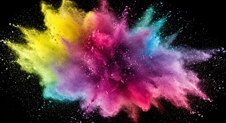 Fototapeta premium An explosion of colorful powder in mid-air, featuring vibrant hues like yellow, green, blue, purple and pink