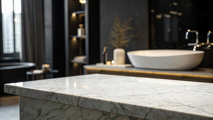 Mockup space for Montage product Minimalist dark bathroom interior. Empty marble table top for product display with blurred bathroom interior background,tabletop, copy space, text, copy, space, backgr