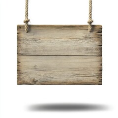 Rustic wooden sign hanging on rope, isolated on white.