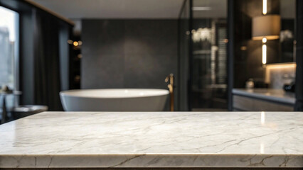 Mockup space for Montage product Minimalist dark bathroom interior. Empty marble table top for product display with blurred bathroom interior background,tabletop, copy space, text, copy, space, backgr