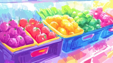 Vibrant display of colorful fruits in baskets at a market with a lively atmosphere