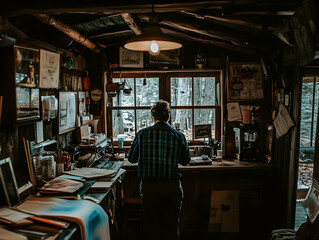 A man sits at a rustic wooden desk in a cozy cabin, surrounded by vintage artwork and personal belongings, overlooking a tranquil forest scene through a large window.