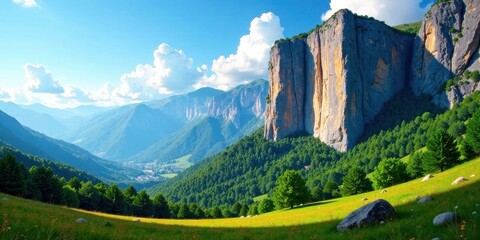 Majestic Mountain Vista A Verdant Valley Beckons Beneath Towering Cliffs and a Sky Adorned with Fluffy Clouds