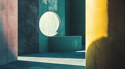 Abstract Architectural Interior with Circular Window and Colored Walls