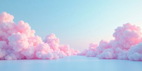 Dreamlike Pastel Cloudscape A Serene and Ethereal Vista of Soft Pink Clouds Floating on a Gentle Blue Horizon