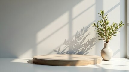 Serene Minimalist Display Wooden Round Platform with Greenery in a Vase, Sunlit White Background