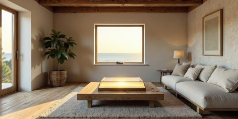 Serene coastal living room with sunset view, wooden coffee table, and comfortable sofa