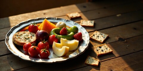 A delightful arrangement of cheese, fruit, and crackers displayed on an elegant silver platter, bathed in warm sunlight
