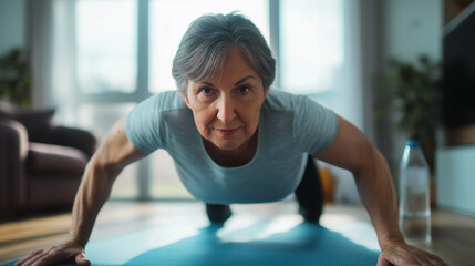 Determined senior woman doing push-ups on yoga mat at home: promoting healthy aging and active lifestyle