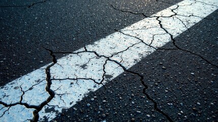 A weathered painted line bisects a cracked asphalt surface, revealing a detailed texture of deterioration and age