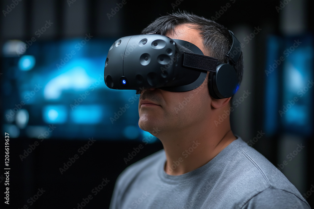 Poster Software developer using virtual reality headset in modern office