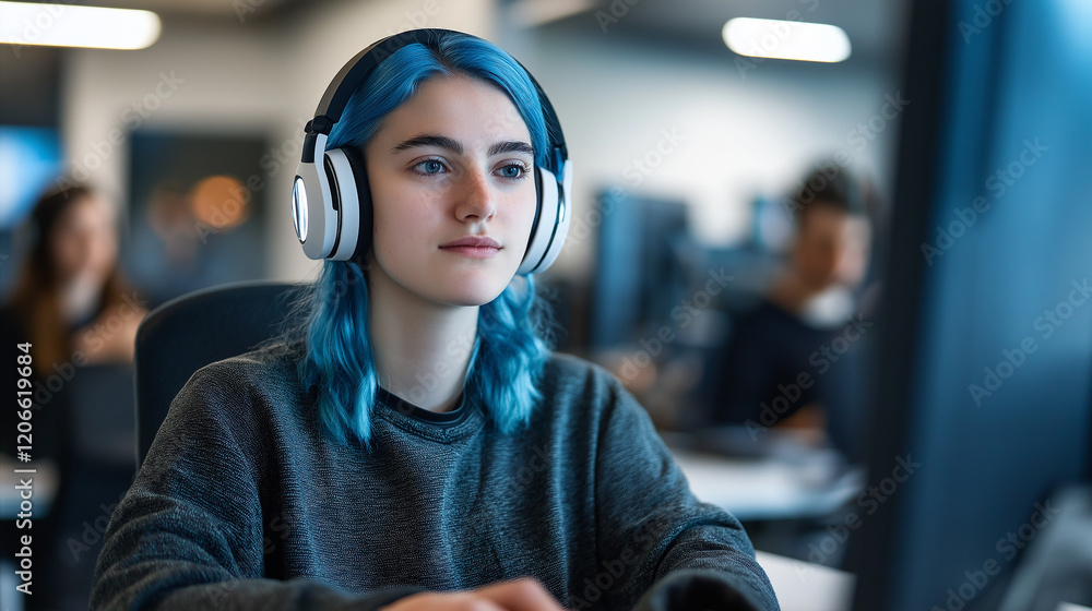 Aufkleber young woman with headphones concentrating on computer programming in a busy office