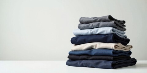 Neatly Folded Stack of Diverse Fabric Garments on a Plain Surface