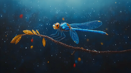 Naklejka premium Stunning digital art of a vibrant blue dragonfly perched delicately on a twig, surrounded by a dreamy, ethereal atmosphere with falling particles.