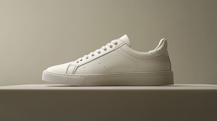 A minimalistic sneaker design with neutral tones, displayed against a simple, clean background for a high-fashion look