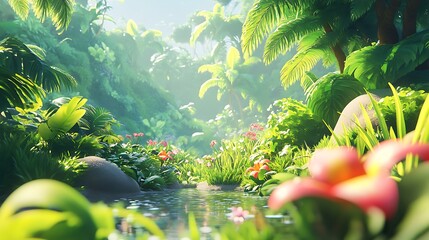 Lush Tropical Jungle Stream with Sunlight Filtering Through the Canopy