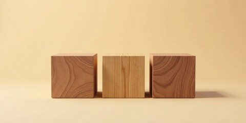 Three Wooden Cubes Arranged on a Neutral Background, Ideal for Product Display or Minimalist Design