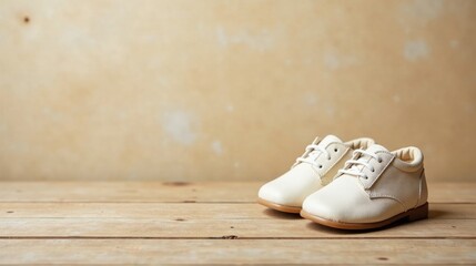 A Pair of Cream-Colored Leather Baby Shoes Resting on a Rustic Wooden Surface