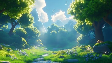 Serene Stream Winding Through a Lush, Forested Valley