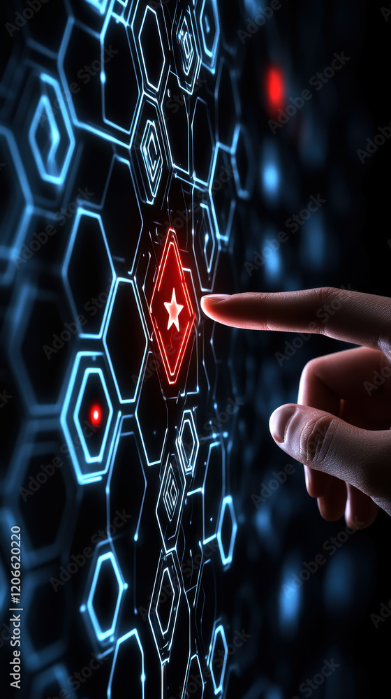 Poster a hand interacts with a futuristic, illuminated digital interface composed of hexagonal patterns, hi