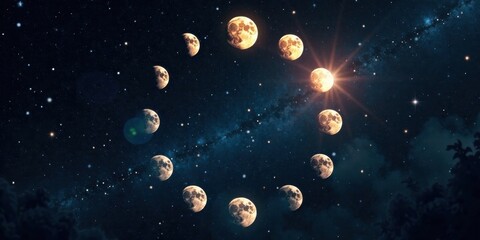 Celestial Dance A Serene Cosmic Ballet of Lunar Phases Encircling a Radiant Star