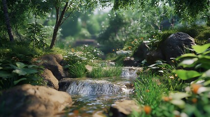 A Tranquil Stream Flowing Through a Lush Green Forest