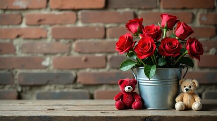 Romantic bouquet of crimson roses in a rustic metal pail, accompanied by plush teddy bears on a weathered wooden surface against a textured brick backdrop.