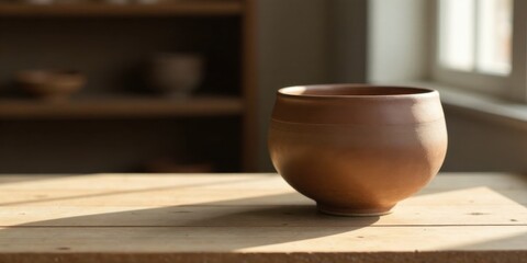 Earthenware Bowl Rests on Wooden Table in Sunlight A Rustic Still Life