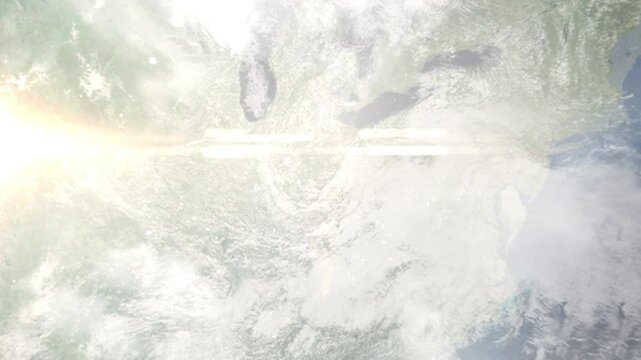 Earth zoom in from space and focus on Kettering, Ohio, USA. Background for travel blog or intro. Satellite view. 3D style animation. Images from NASA.