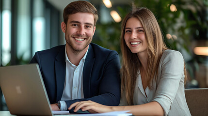 Businesspeople working together on laptop in office smiling