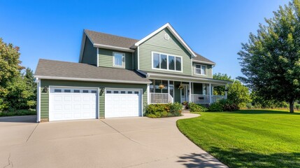 Green House with Garage and Lush Lawn