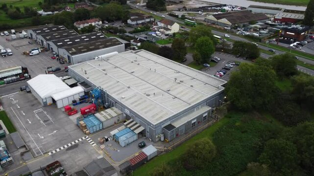 Dunball Bridgewater Industrial Estate Near Countryside and River, South west of England United Kingdom. Drone's Camera footage Was Captured During Cloudy Morning on October 2nd, 2024.