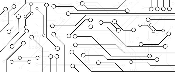 Vector black and white circuit electronic or electrical line. High-tech circuit board. Circuit board with various technology elements.