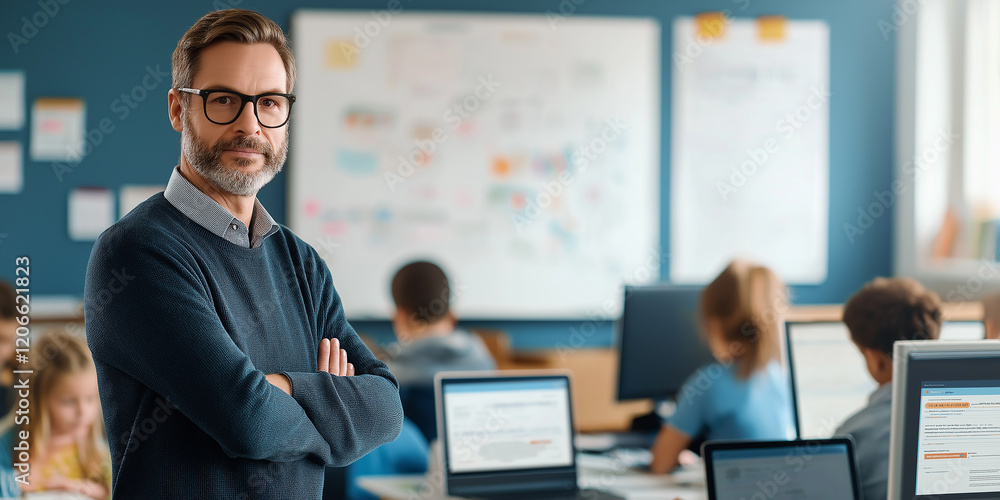 Poster Portrait of confident professor posing with arms crossed in modern classroom with students using computers