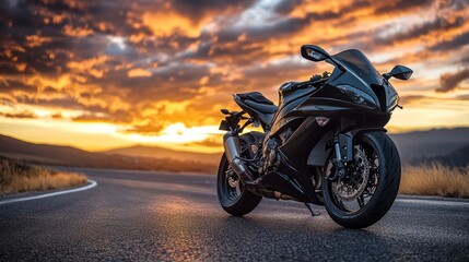 Obraz premium Sunset Ride: A Black Sportbike on an Open Road