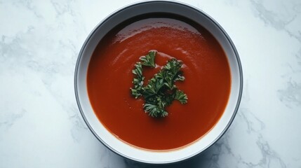 A bowl of vibrant tomato soup garnished with fresh parsley. Perfect for illustrating recipes, food blogs, or restaurant menus.