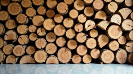A Wall of Stacked Wood Rounds, Showing Natural Texture and Grain Patterns, Arranged in a Geometric Design, Creating a Rustic and Textural Background